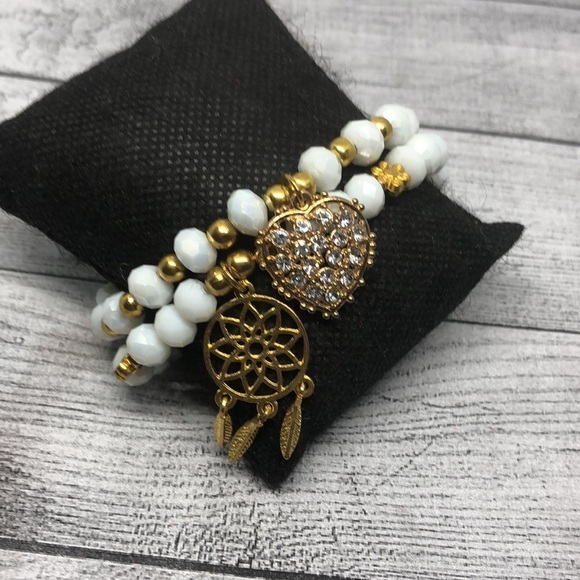 WHITE crystal or stone heart dreamcatcher charm layer stackable bracelets boho. - Picture 4 of 4
